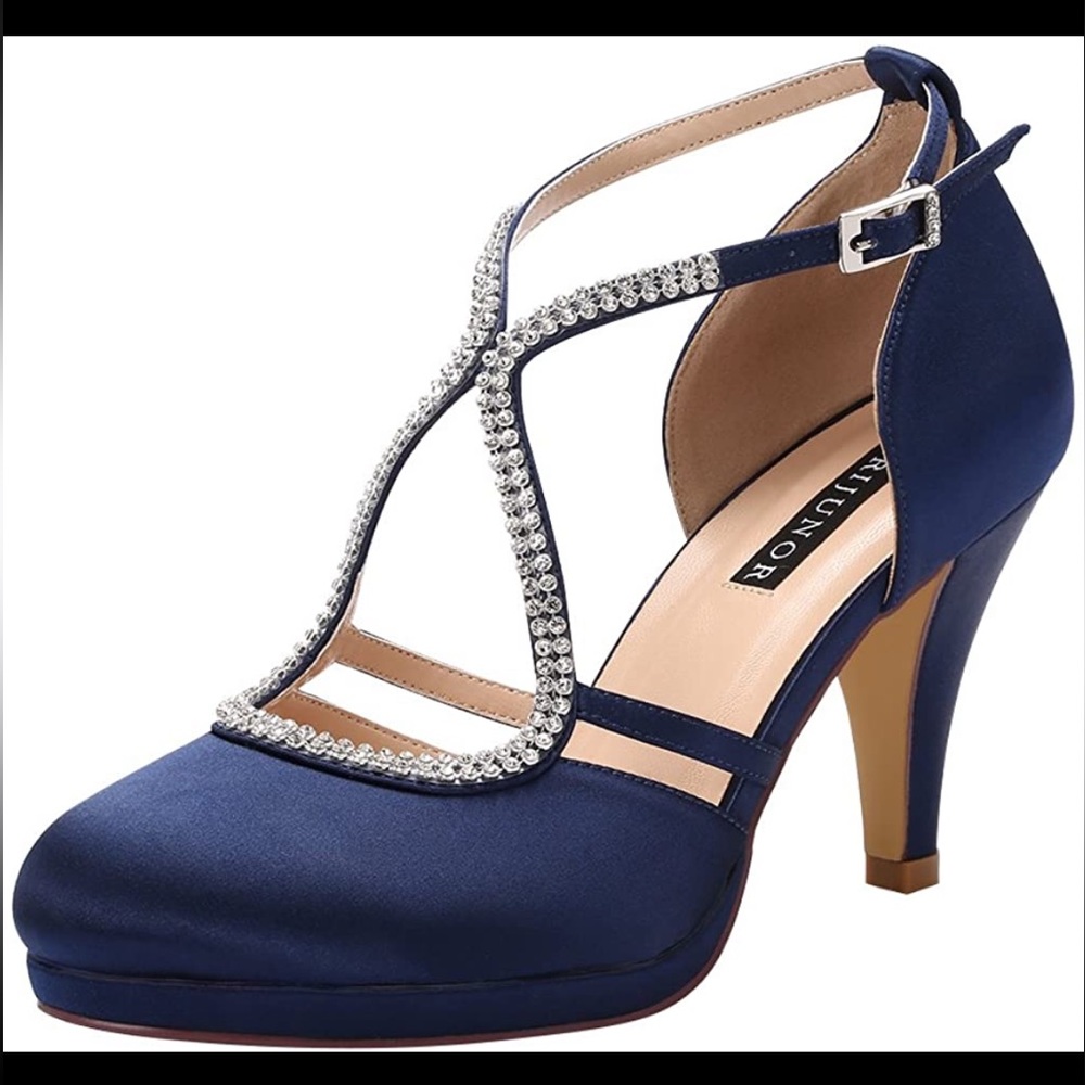 ERIJUNOR  Closed-Toe Ankle Strap Platform Satin Bridal Wedding Shoes